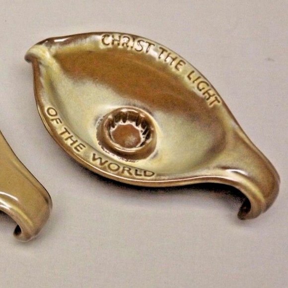 Frankoma Pottery Plainsman Brown Set of 2 Oral Roberts 1971 Candle Stick Holders - Picture 3 of 13